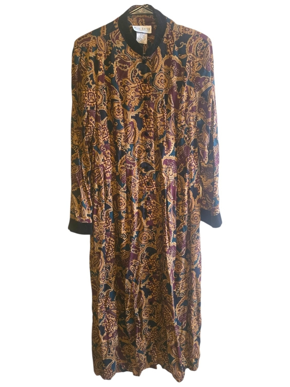 Vintage Miss Dorby Paisley Maxi Dress Size 10 Rayon Long Sleeve Velvet Trim